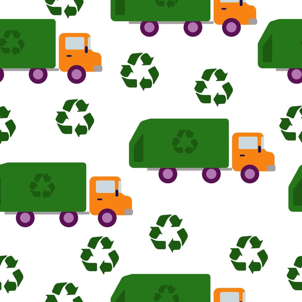 Garbage truck in cartoon style seamless pattern, useful machines and recycling symbols on white background vector