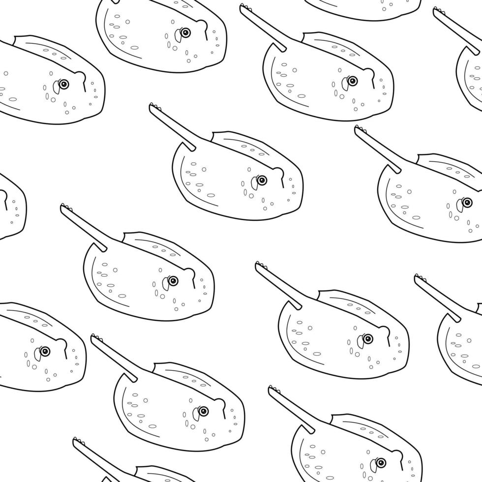 Stingray seamless pattern, outline sea animal on white background vector