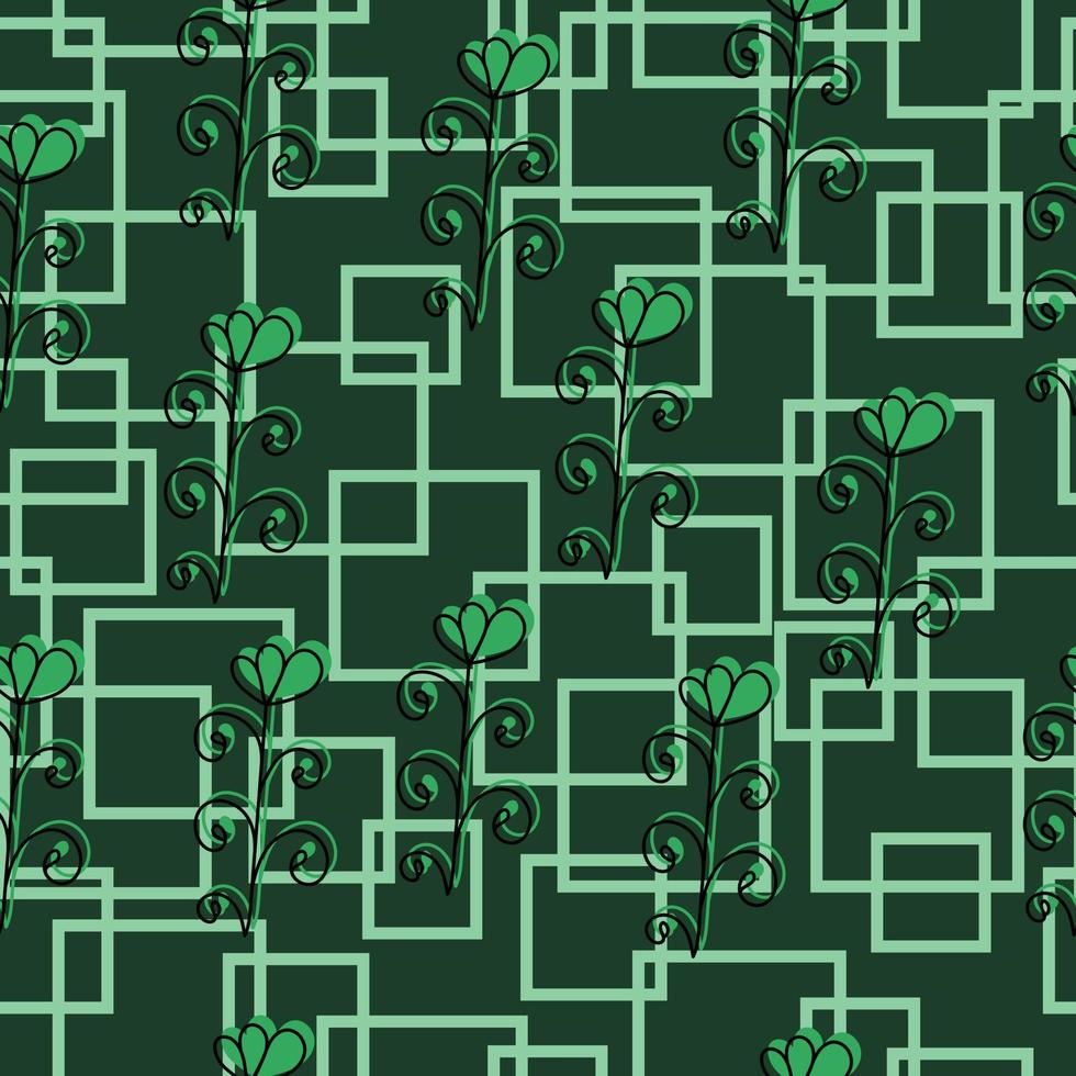 Seamless pattern of contour doodle flowers with green silhouette and squares on a dark green background vector