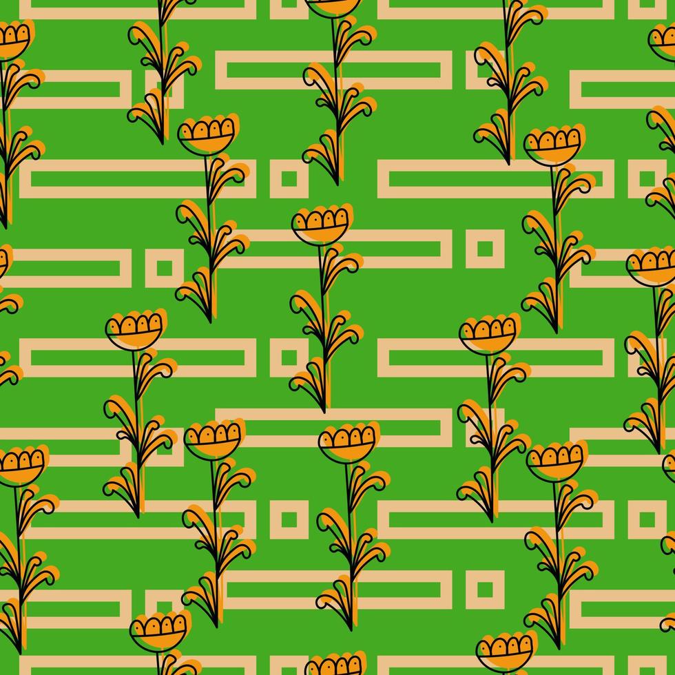 Seamless pattern of contour doodle flowers with orange silhouette and rectangles on a green background vector