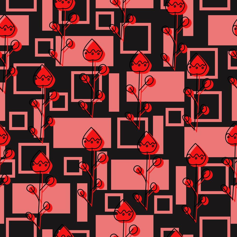 Seamless pattern of contour doodle flowers with red silhouette and squares and rectangles on a dark gray background vector