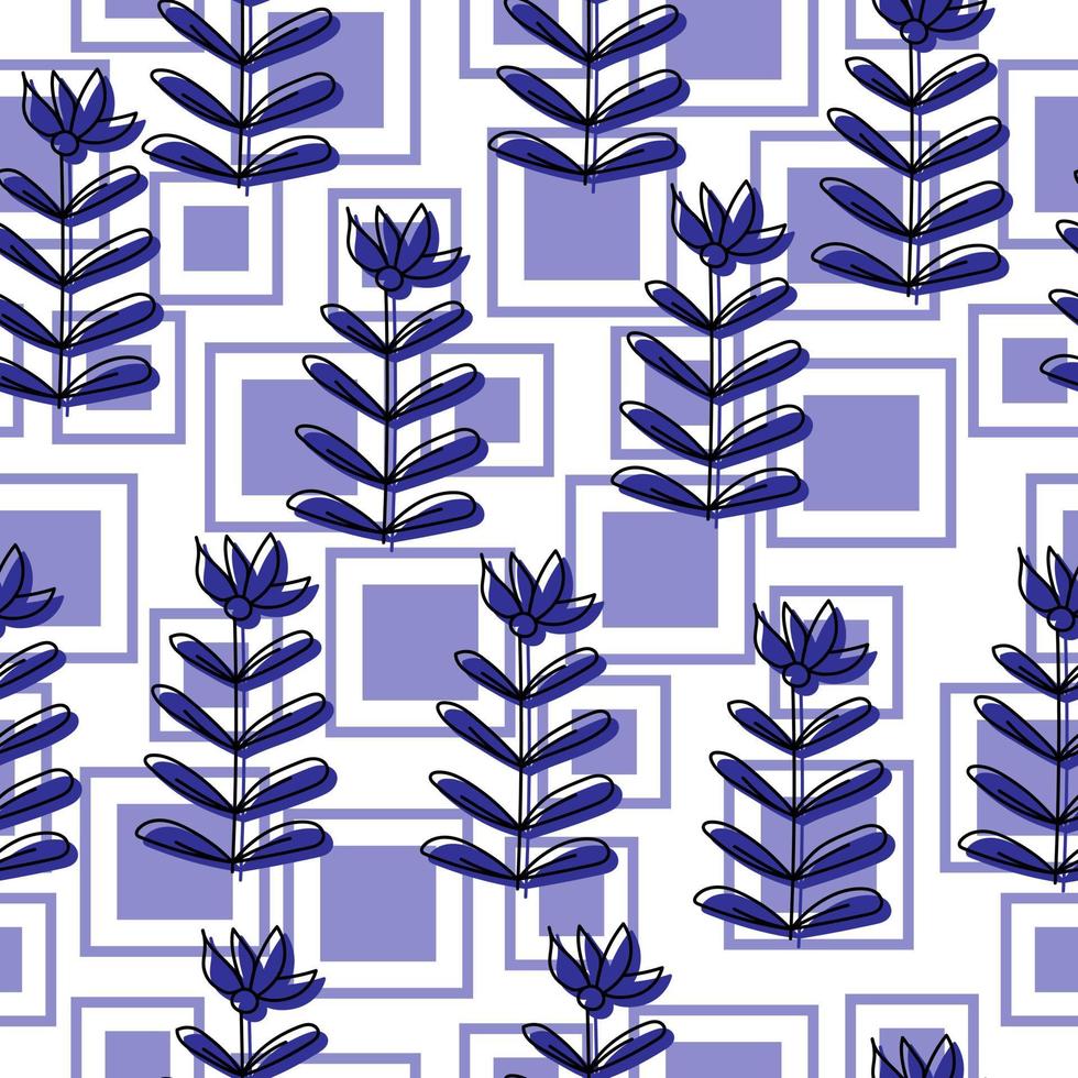 Seamless pattern of contour doodle flowers with dark blue silhouette and squares on a white background vector