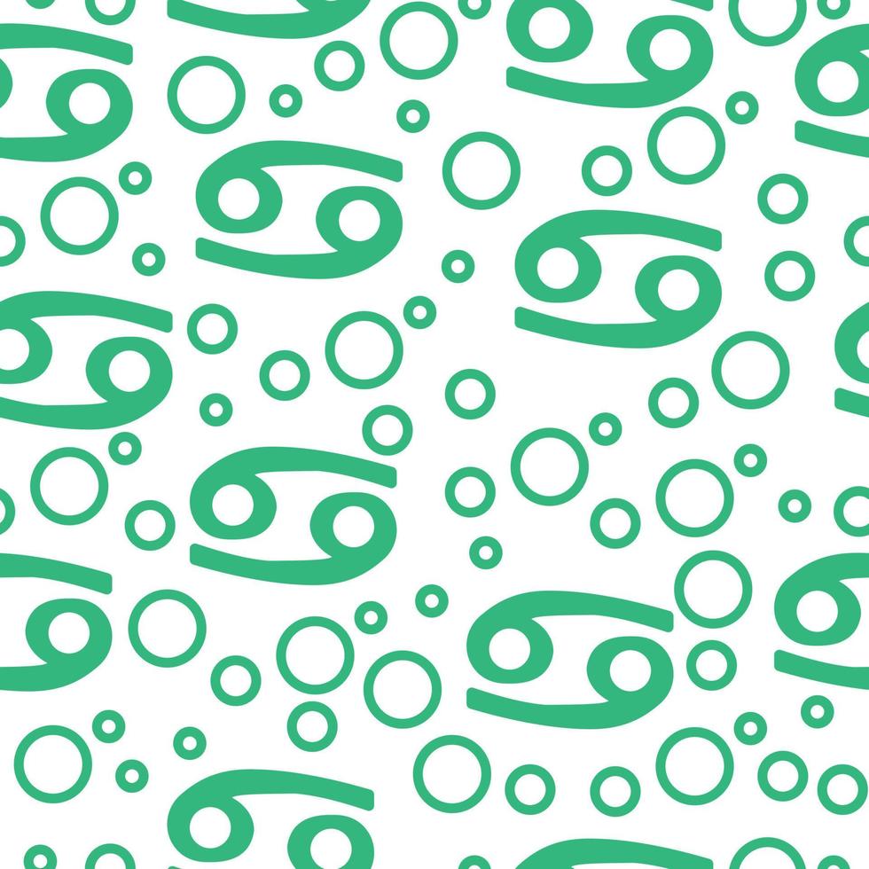 Seamless pattern of blue-green silhouettes of the zodiac sign Cancer and rings of different sizes on a white background vector
