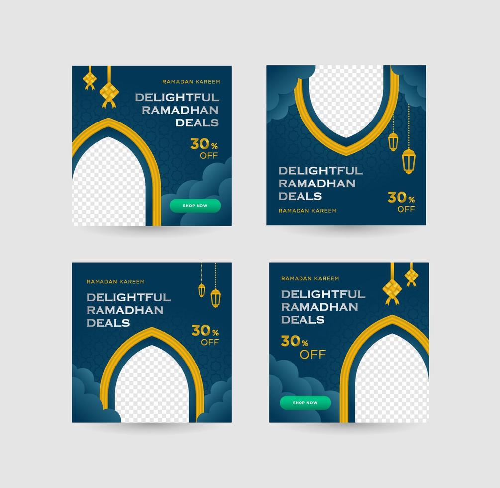 Social Media Post Promotion for Ramadan Sale set with elegant Blue and gold gradient colors with empty space for image vector