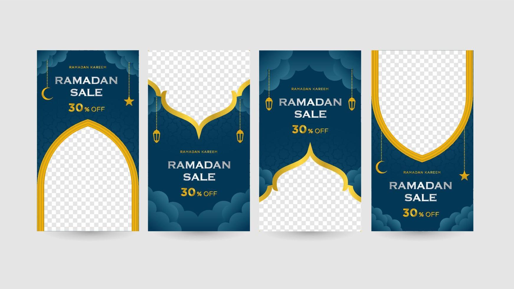 Social Media Stories Promotion for Ramadan Sale set with elegant Blue and gold gradient colors with empty space for image vector