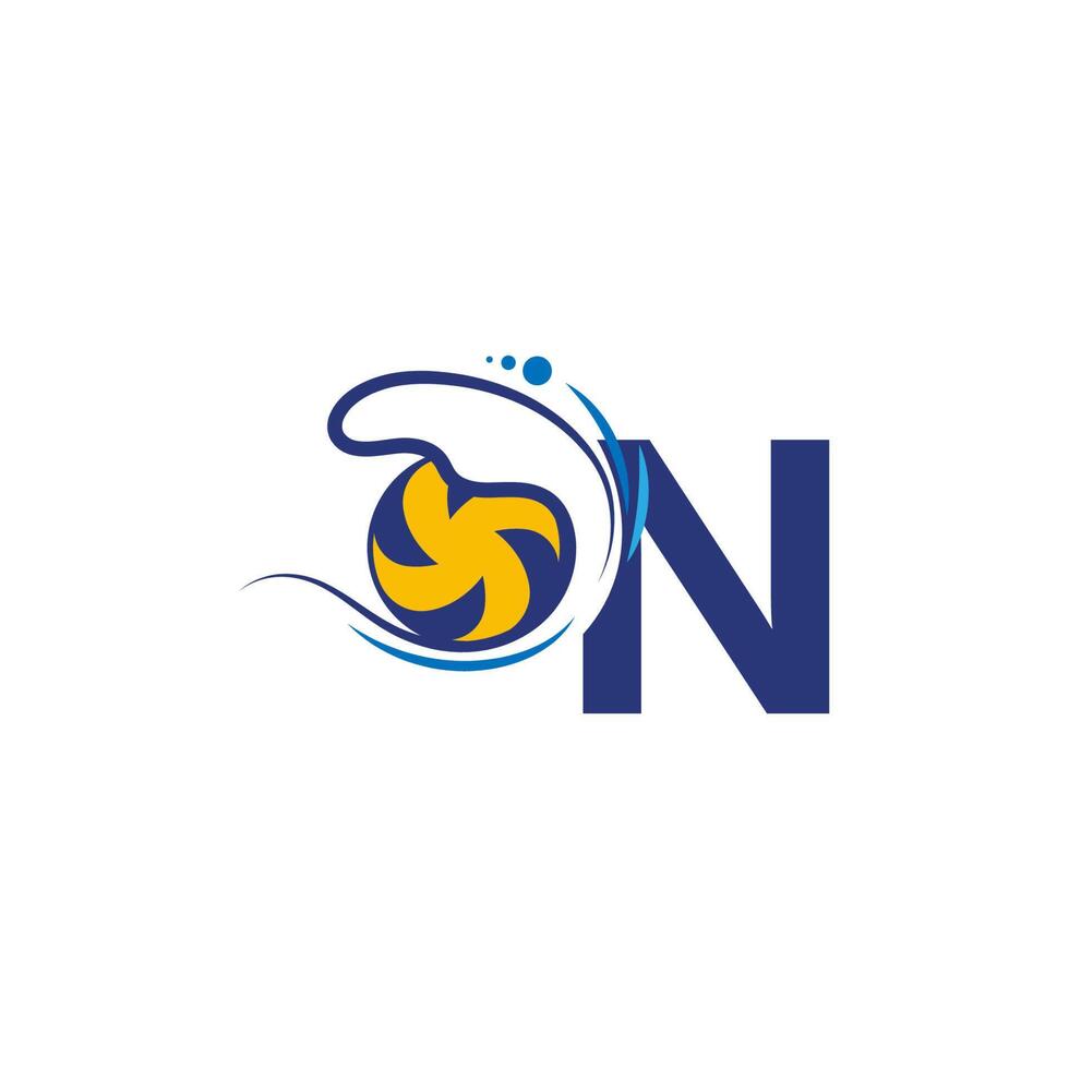 Letter N logo and volleyball hit into the water waves vector