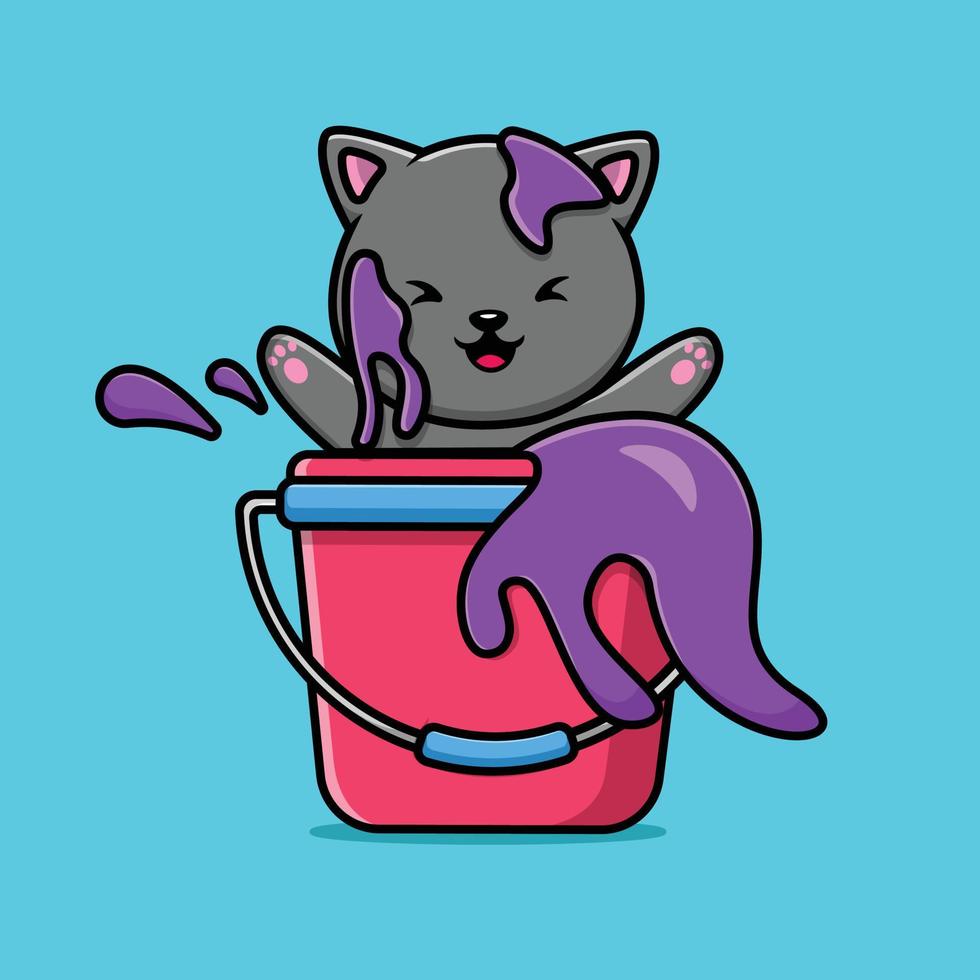 lindo gato en ilustración de icono de vector de dibujos animados de cubo de pintura. concepto de icono interior animal vector premium aislado. estilo de dibujos animados plana