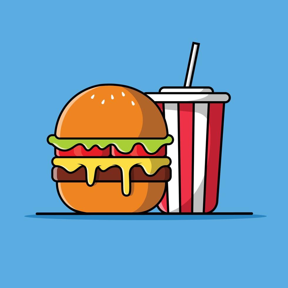 Burger with Soda and Ice Vector Illustration. Hamburger Fast Food Logo. Cafe and Restaurant Menu. Flat Cartoon Style Suitable for Web Landing Page, Banner, Flyer, Sticker, Card, Background