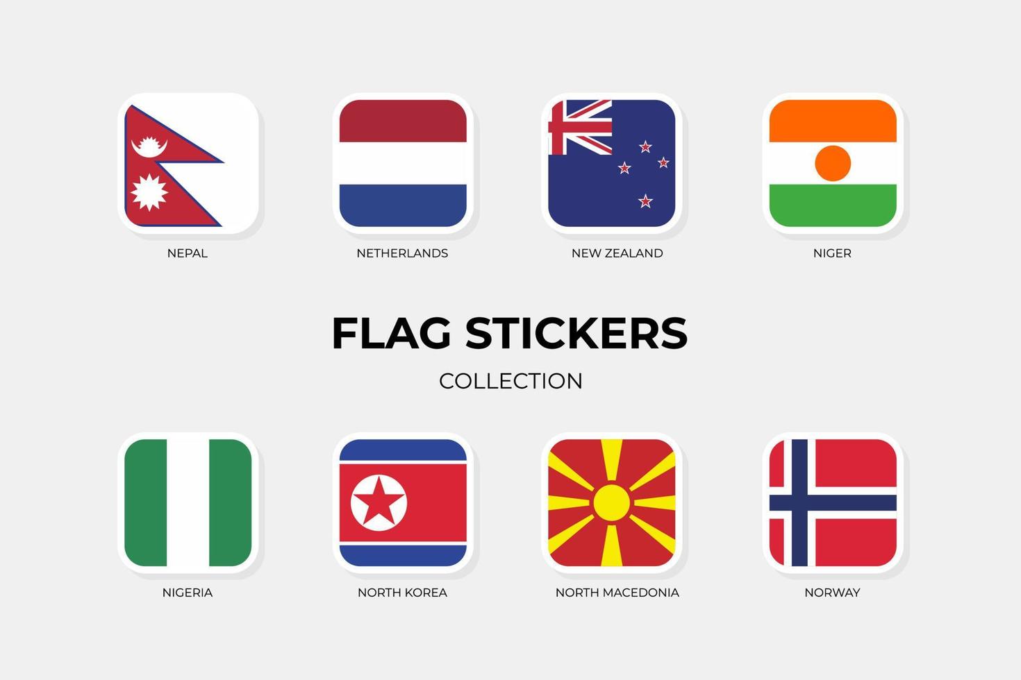 Flag Stickers of Nepal, Netherlands, New Zealand, Niger, Nigeria, North Korea, North Macedonia, Norway vector