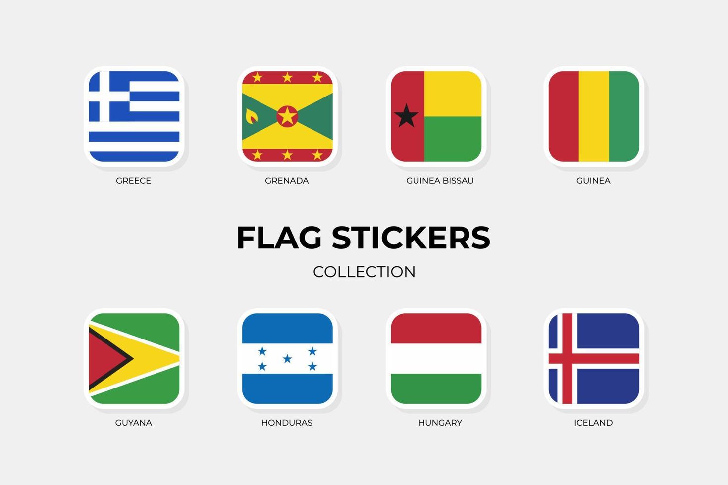 Flag Stickers of Greece, Grenada, Guinea Bissau, Guinea, Guyana, Honduras, Hungary, Iceland vector