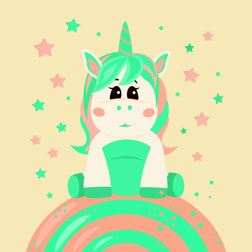 Little unicorn sitting on a rainbow. vector