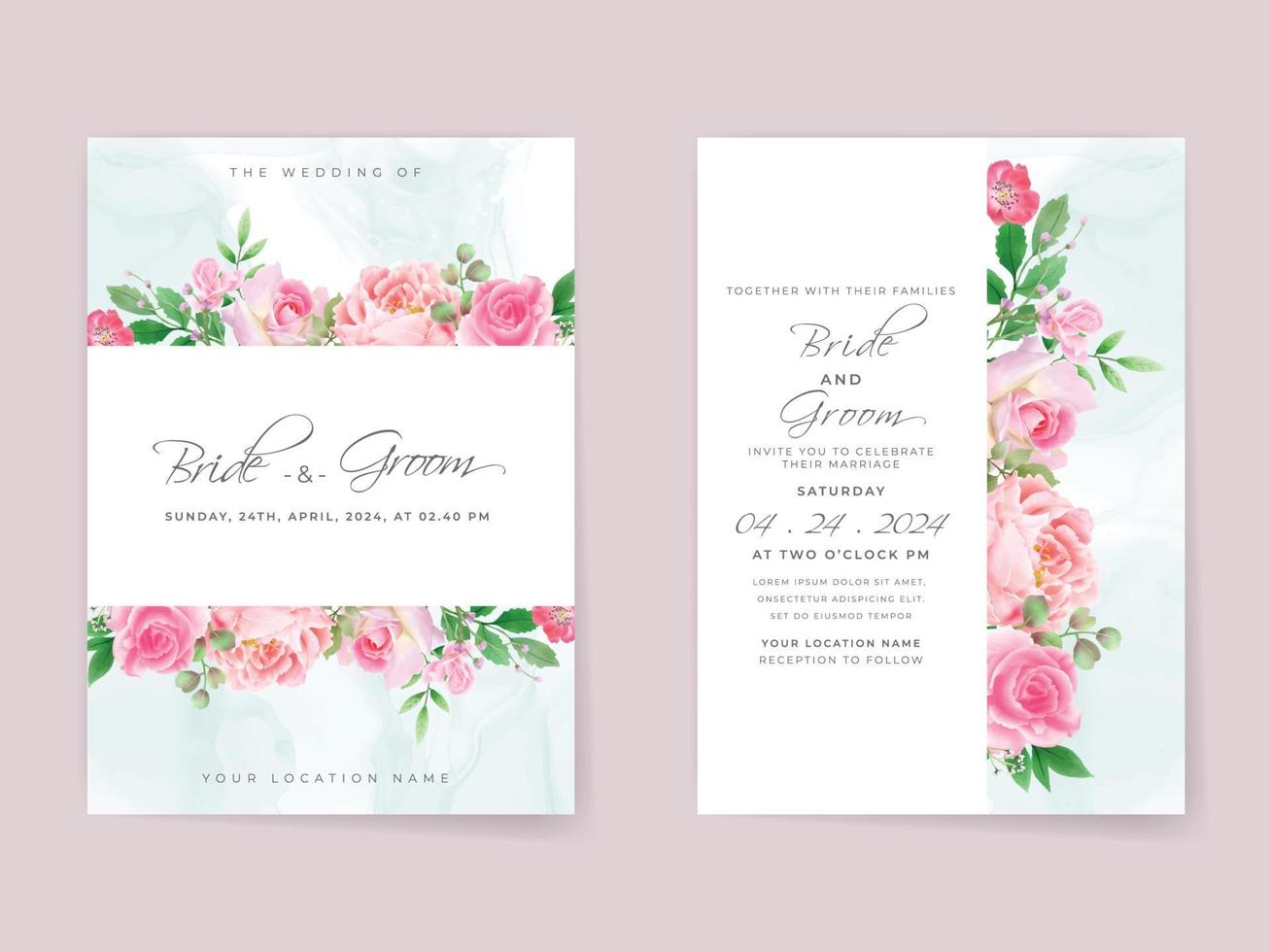 Wedding invitation cards set pink roses vector