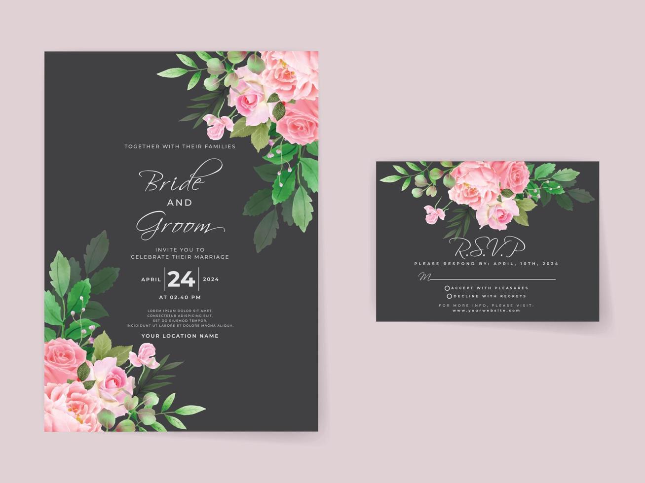 Wedding invitation cards set pink roses vector