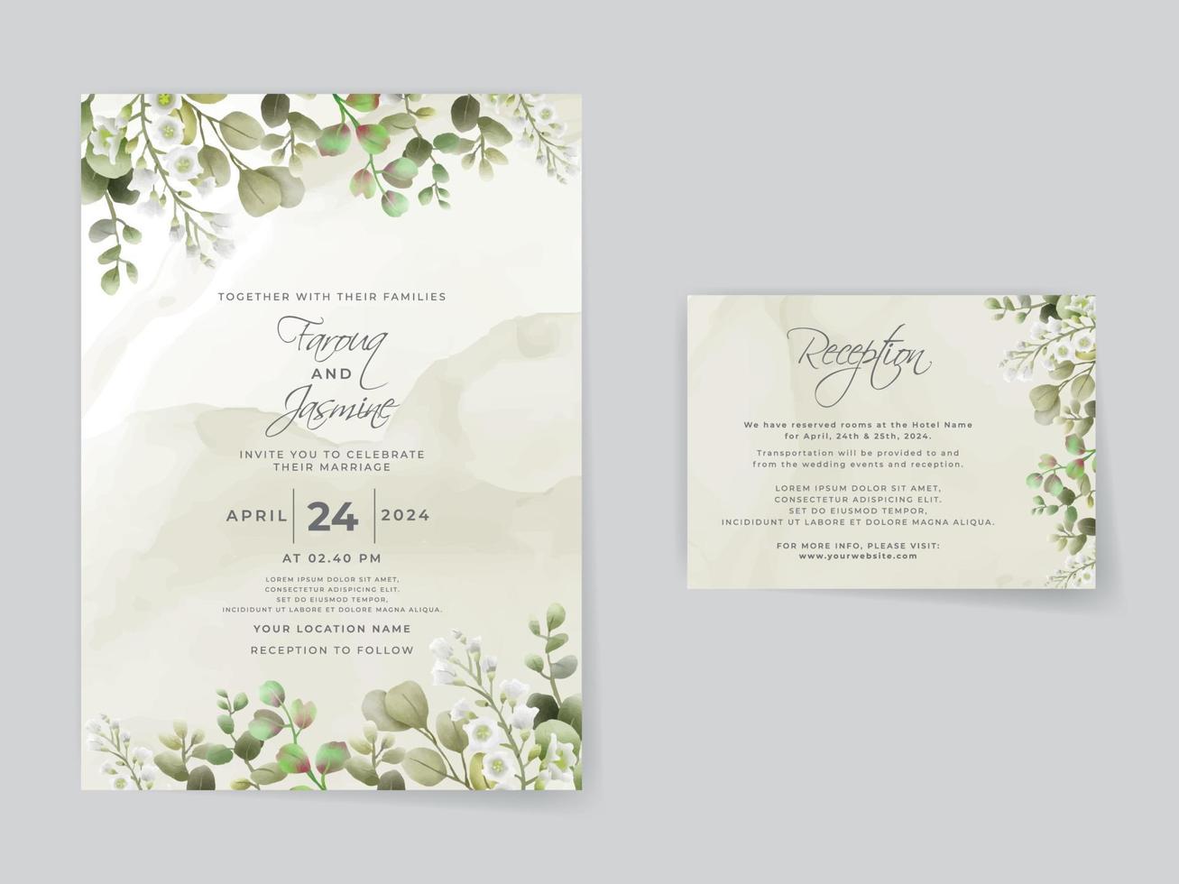 Wedding invitation cards greenery leaves vector