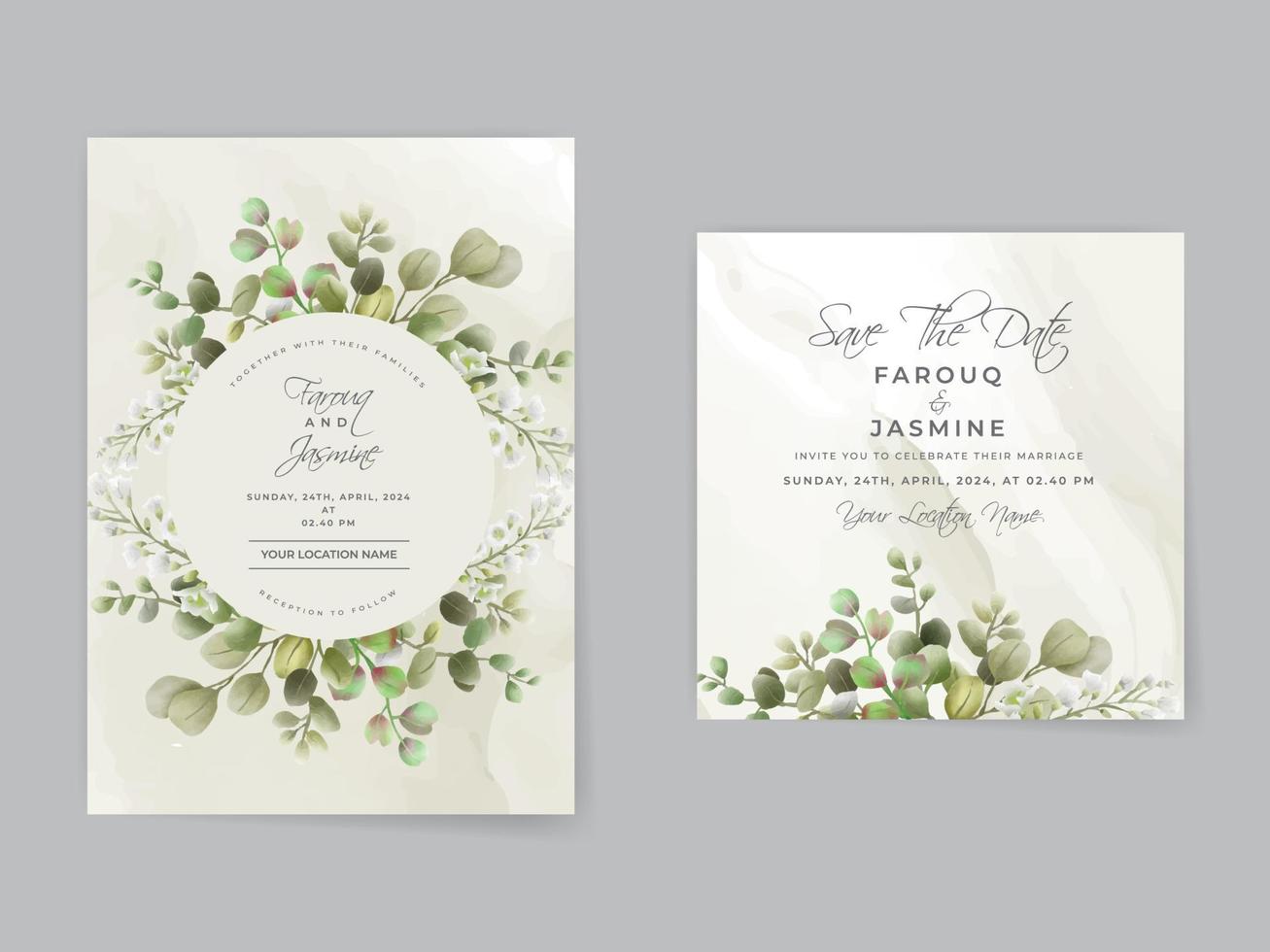Wedding invitation cards greenery leaves vector