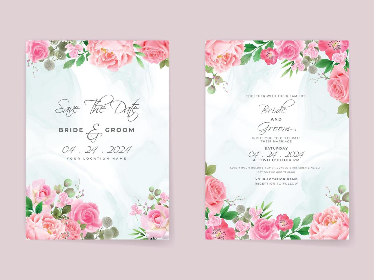 tarjetas de invitación de boda set rosas rosadas vector