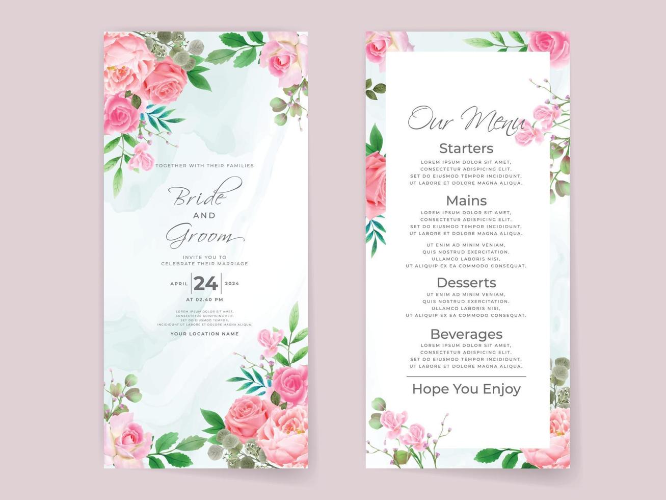 Wedding invitation cards set pink roses vector