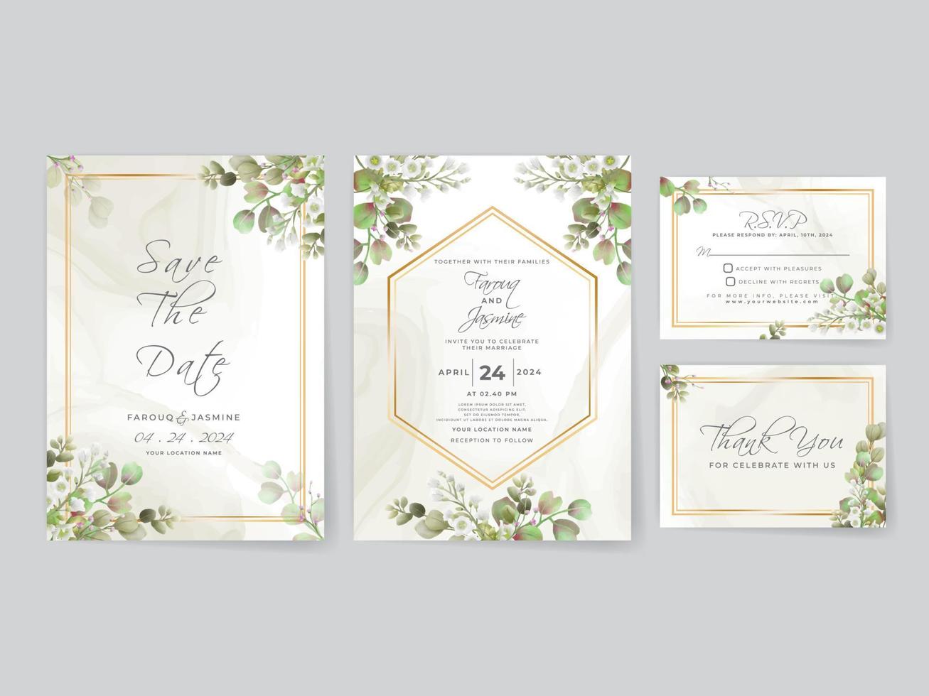 Wedding invitation cards greenery leaves vector