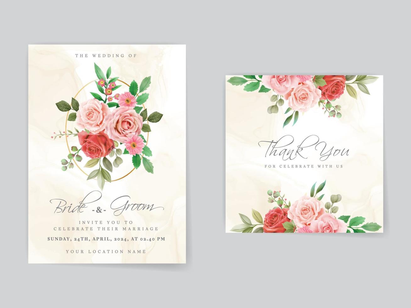 Romantic red roses wedding invitation card template vector