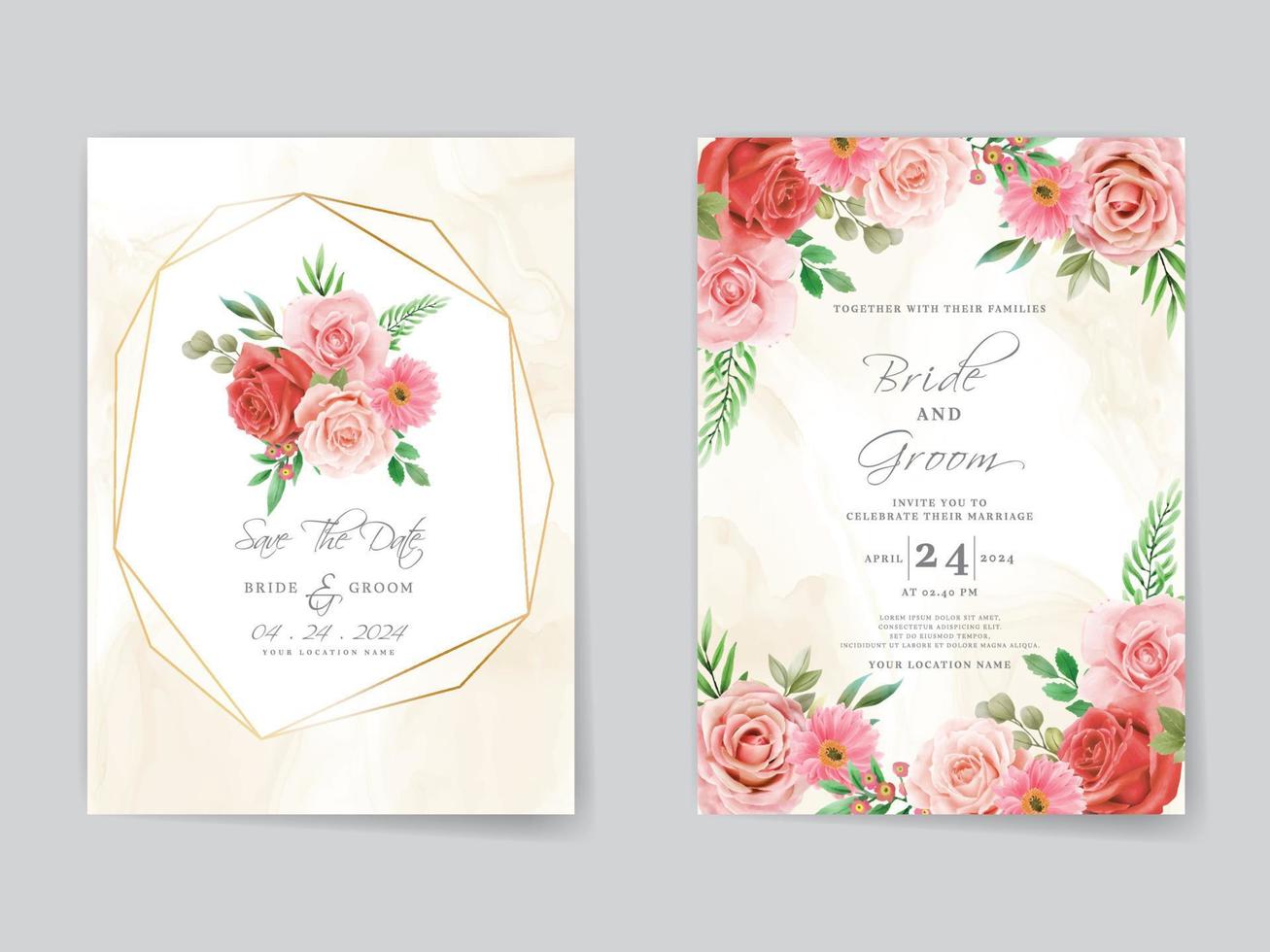 plantilla de tarjeta de invitación de boda de rosas rojas románticas vector