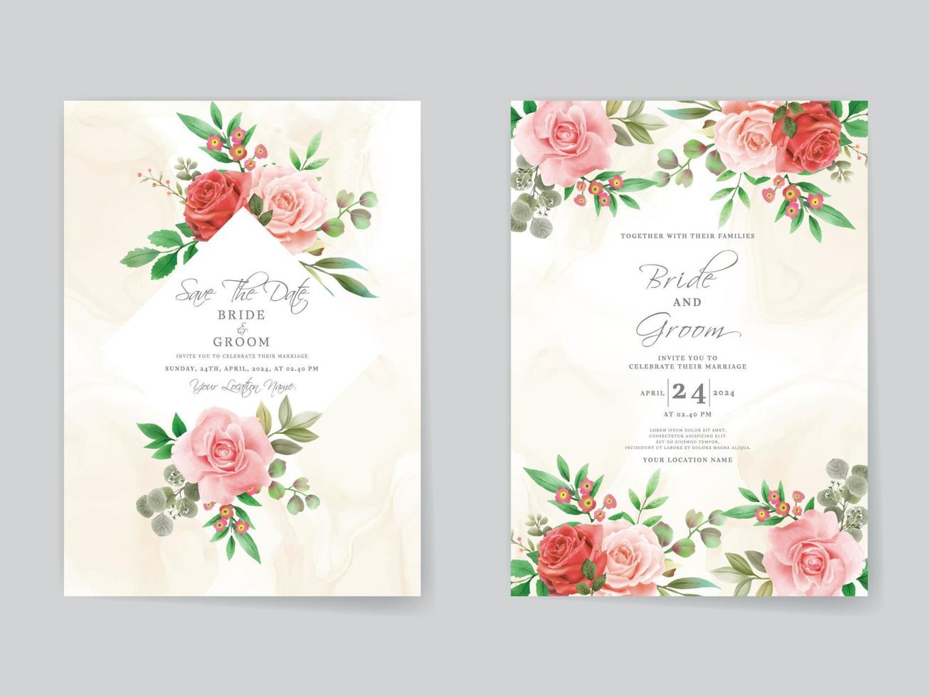 plantilla de tarjeta de invitación de boda de rosas rojas románticas vector