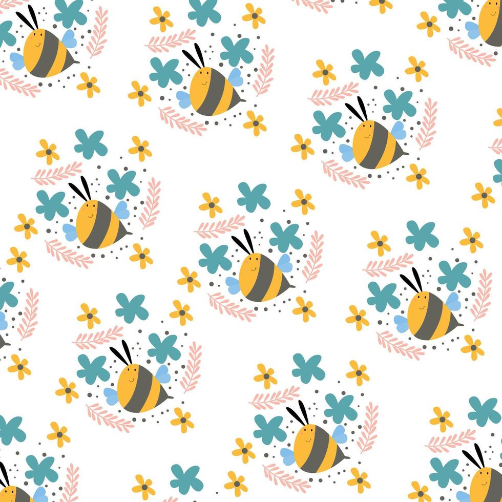 lindo patrón de abeja entre varias flores. patrón para san valentín, impresión, embalaje, decoración, papel pintado y diseño, funda de teléfono, funda de cama, pijama, pijama infantil vector