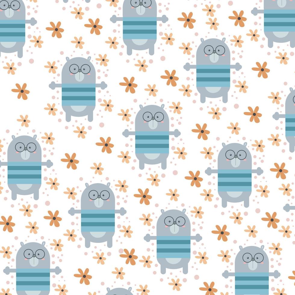 cute bear pattern in glasses standing among flowers. pattern For valentine, print,  packaging, decoration, wallpaper and design, case phone, bed cover, pajamas, child pajamas vector