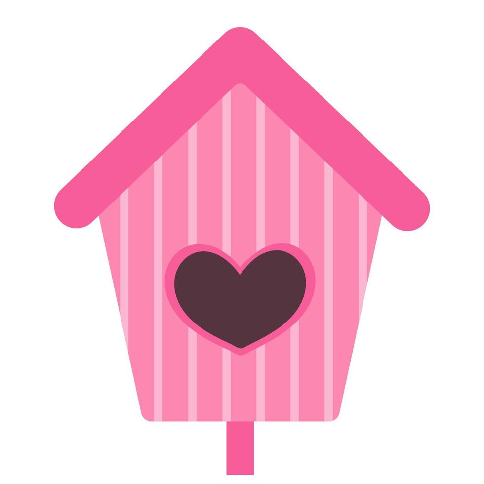 Pink bird house with heart shape window, cute illustration in cartoon flat style. Spring concept. Wooden bird feeder. Bird day, nature protection. Crafts made of wood and nails vector