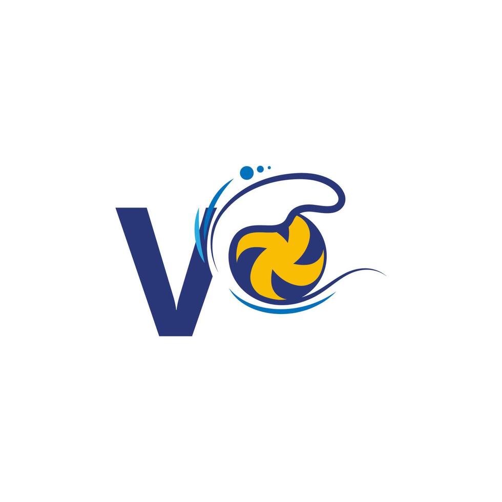 el logotipo de la letra v y el voleibol golpean las olas del agua vector