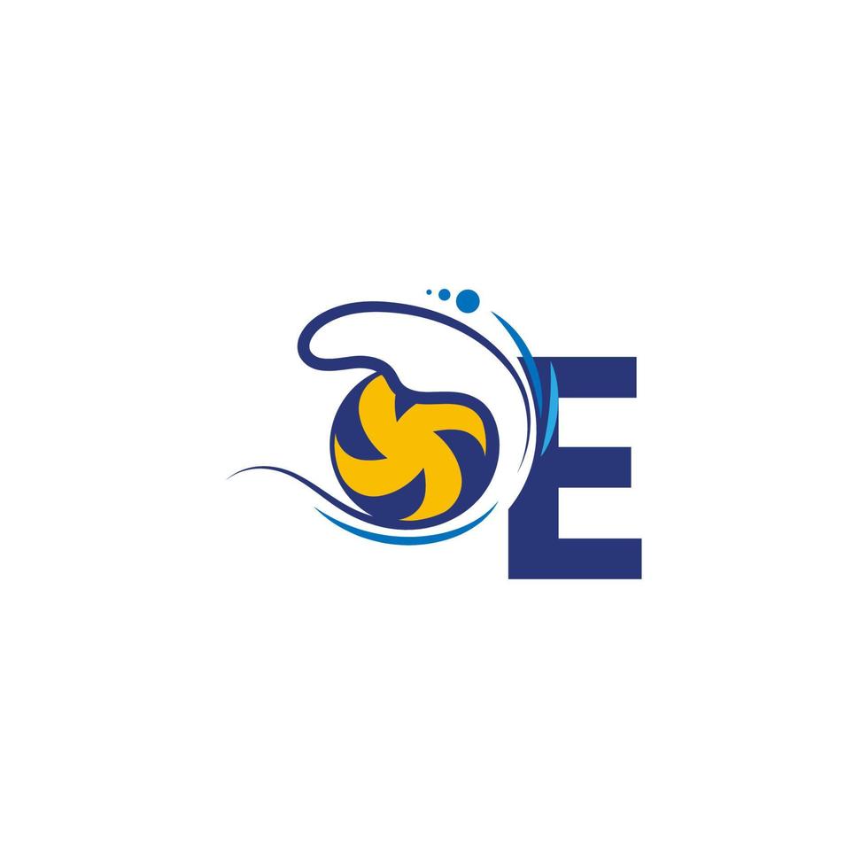 Letter E logo and volleyball hit into the water waves vector