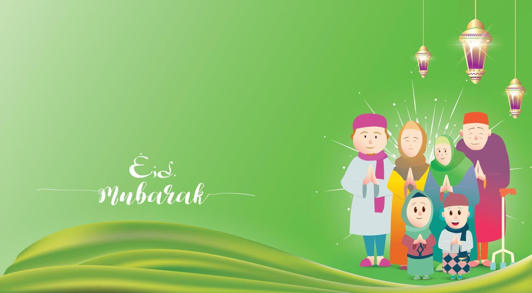 Muslim family greeting celebrating Eid mubarak, ramadan kareem cartoon vector Wishing for Islamic festival for banner, poster, background, flyer,illustration , greeting card, brochure