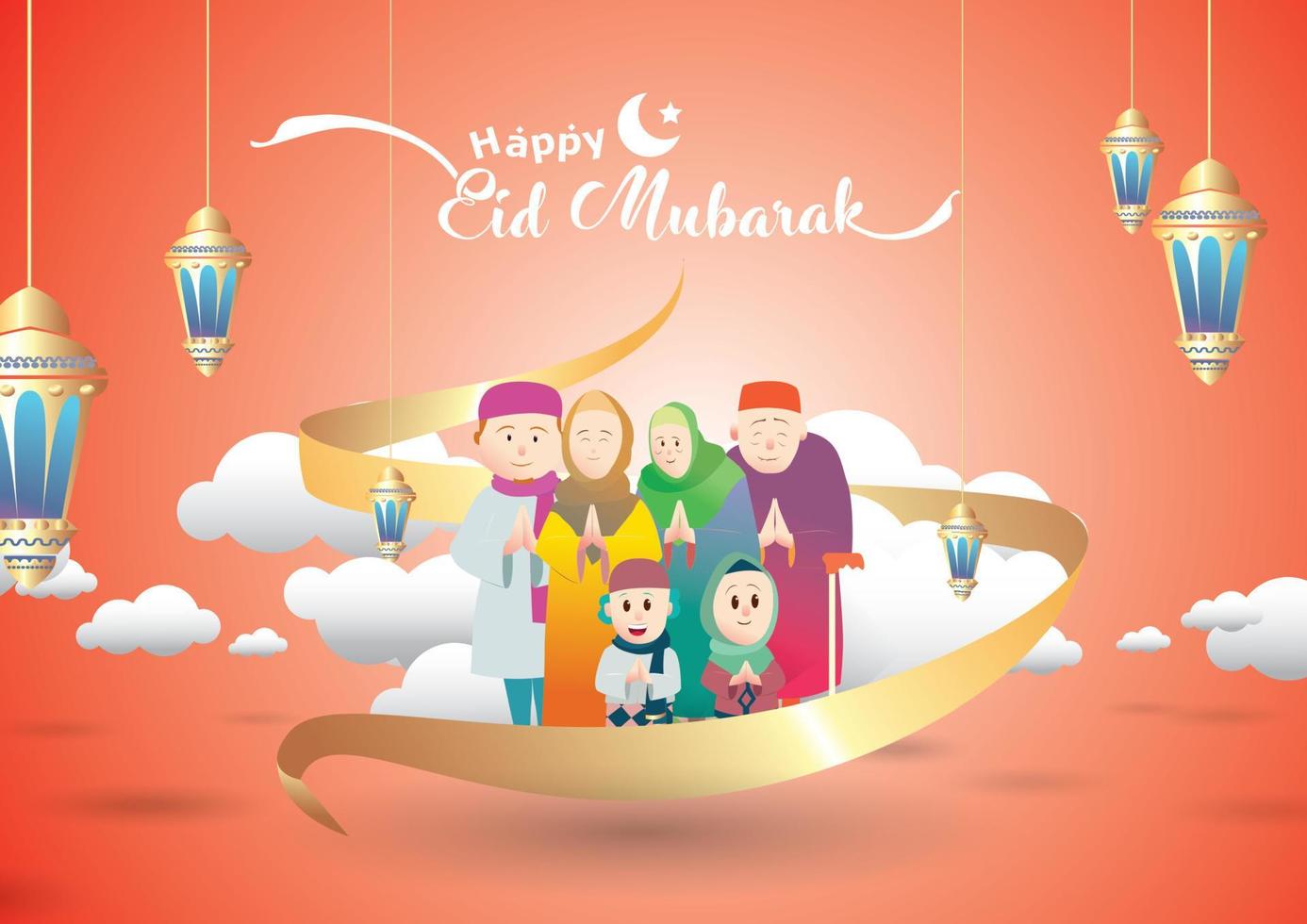 saludo familiar musulmán celebrando eid mubarak, vector de dibujos animados ramadan kareem deseando festival islámico para pancarta, afiche, fondo, ilustración, tarjeta de saludo, folleto y fondo de venta