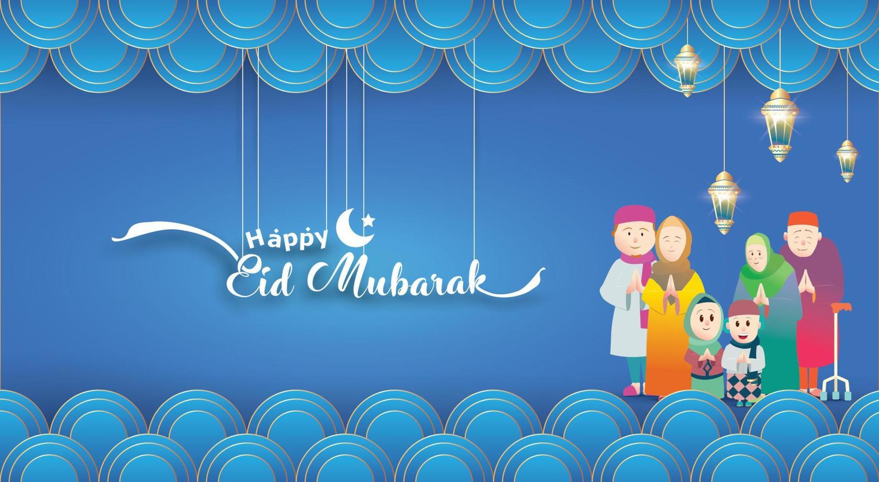 saludo familiar musulmán celebrando eid mubarak, vector de dibujos animados ramadan kareem deseando festival islámico para pancarta, afiche, fondo, volante, ilustración, tarjeta de felicitación