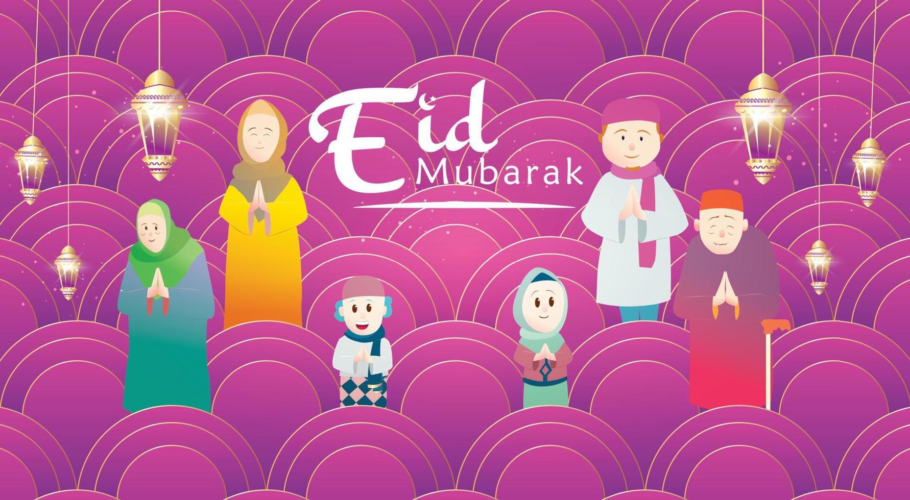 saludo familiar musulmán celebrando eid mubarak, vector de dibujos animados ramadan kareem deseando festival islámico para pancarta, afiche, fondo, ilustración, tarjeta de felicitación, folleto y fondo