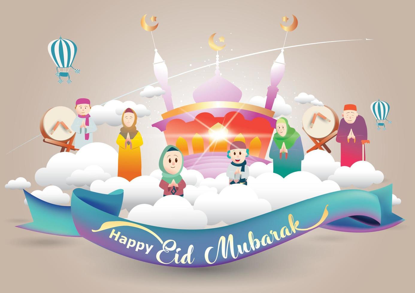 saludo familiar musulmán celebrando eid mubarak, vector de dibujos animados ramadan kareem deseando festival islámico para pancarta, afiche, fondo, volante, ilustración, tarjeta de saludo y fondo de venta