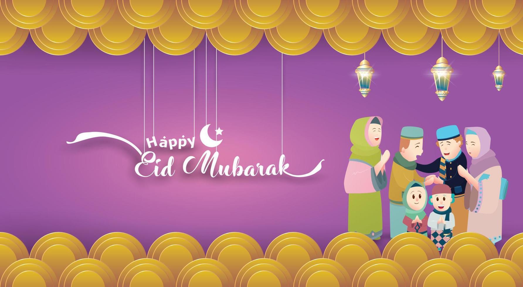 Eid Mubarak vector illustration with Family Character. Vector Illustration for greeting card, poster and banner. with fun design style