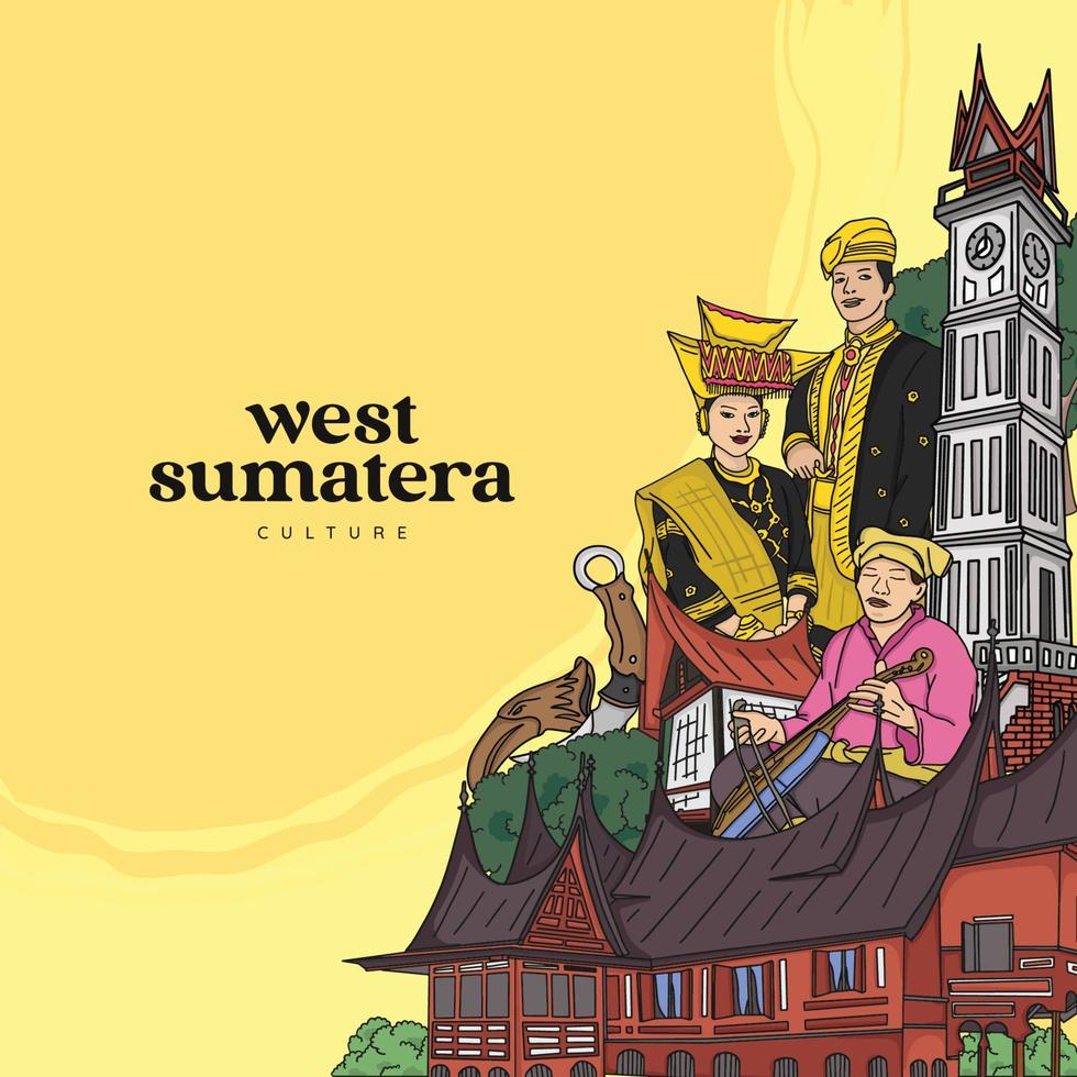 establece la ilustración minangnese de sumatera occidental. Fondo de culturas indonesias dibujado a mano. vector