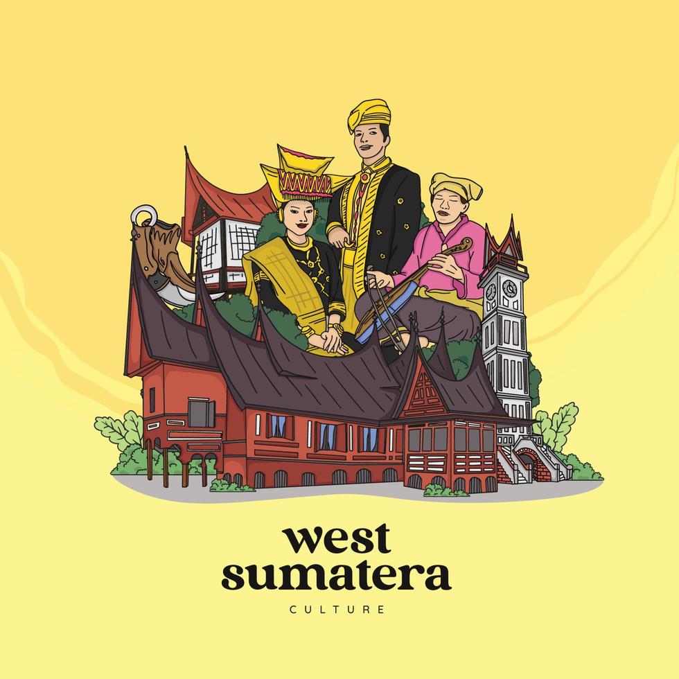 Set West Sumatera Minangnese Illustration. Hand drawn Indonesian cultures background. vector