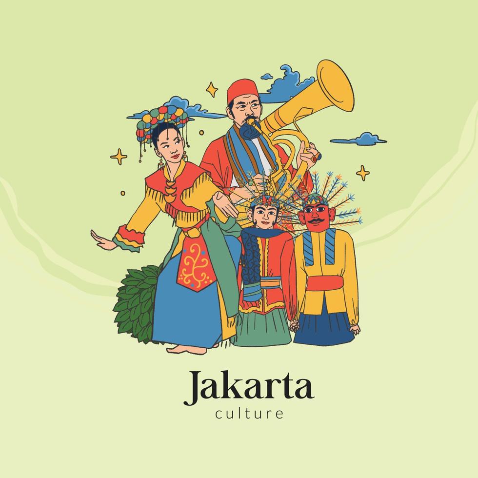 establecer la ilustración de Yakarta. fondo de culturas indonesias dibujadas a mano vector