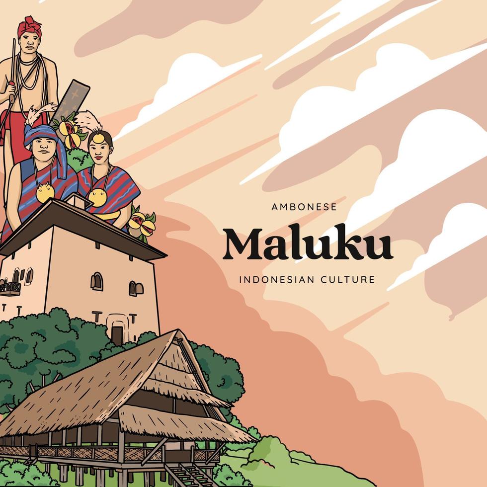 establecer la ilustración de maluku. fondo de culturas indonesias dibujadas a mano vector