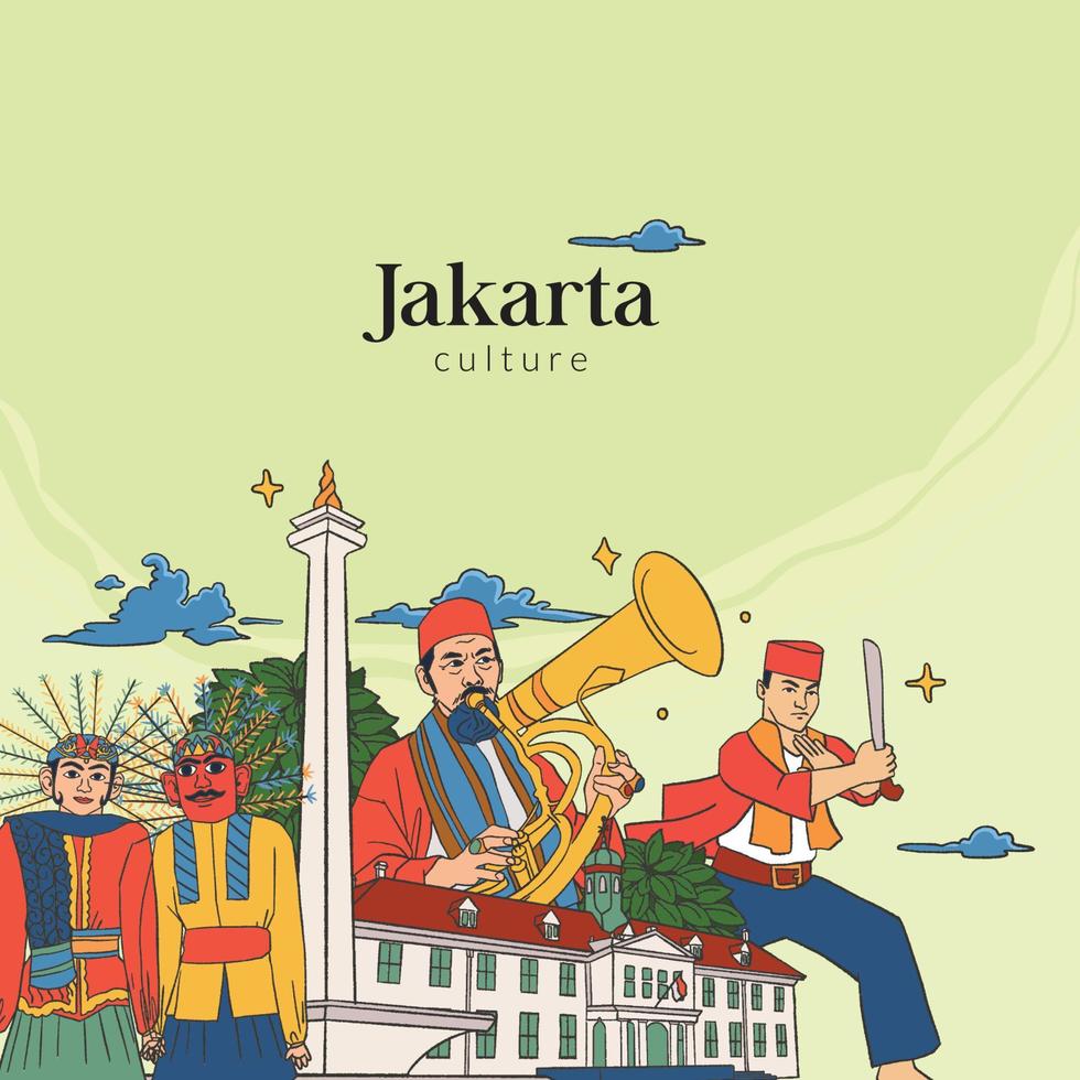 Set Jakarta Illustration. Hand drawn Indonesian cultures background vector