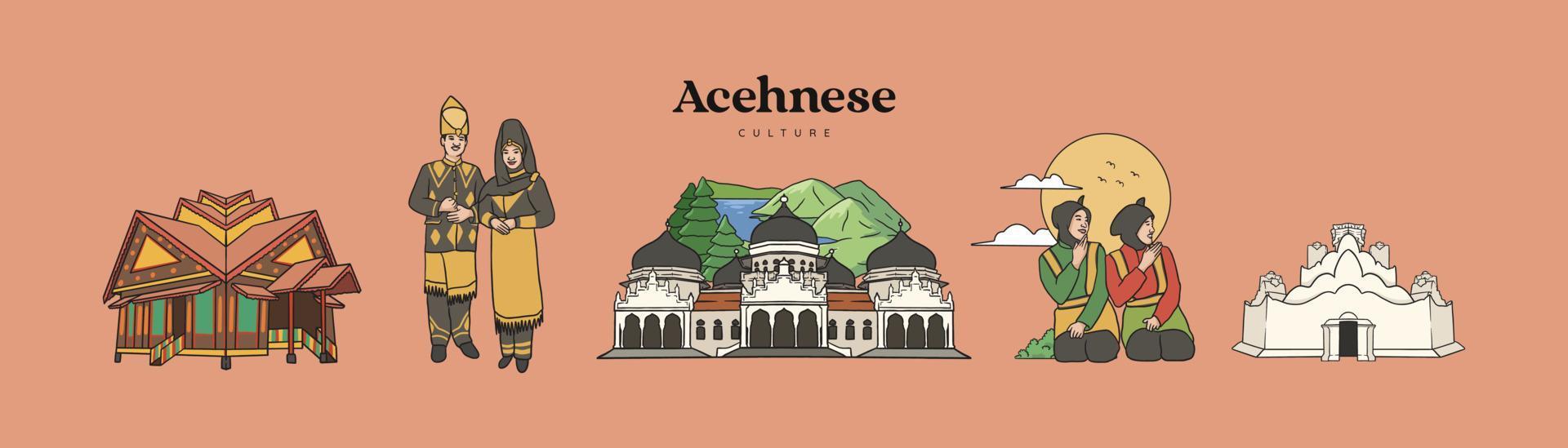 Isolated Set Aceh Illustration. Hand drawn Indonesian cultures background vector