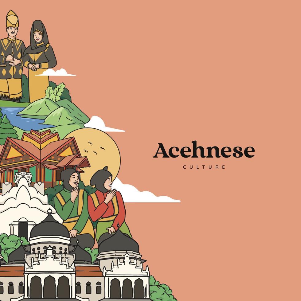 Set Aceh Illustration. Hand drawn Indonesian cultures background vector