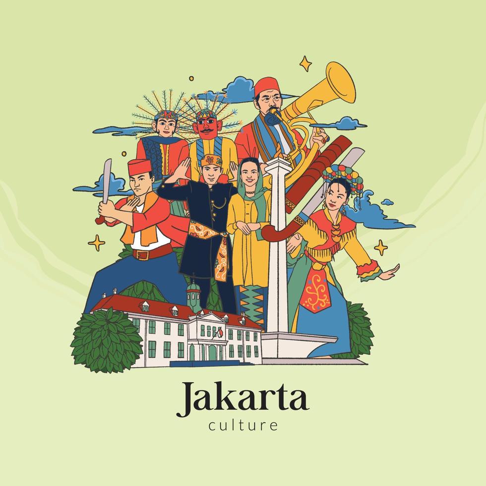 establecer la ilustración de Yakarta. fondo de culturas indonesias dibujadas a mano vector