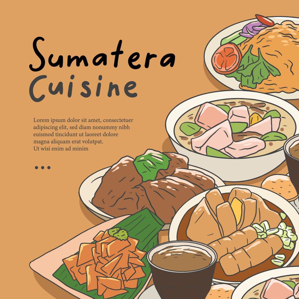 Sumatera cuisine hand drawn illustration vector. Indonesian food set collection for background vector