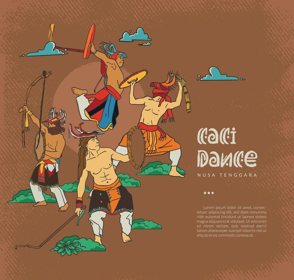 ilustración de baile caci. cultura de baile famosa dibujada a mano de la regencia de nusa tenggara. vector