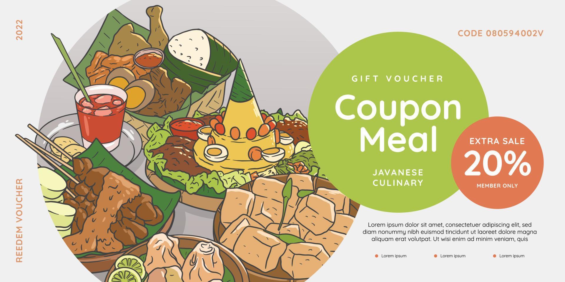 Food gift voucher discount order menu javanese food hand drawn vector