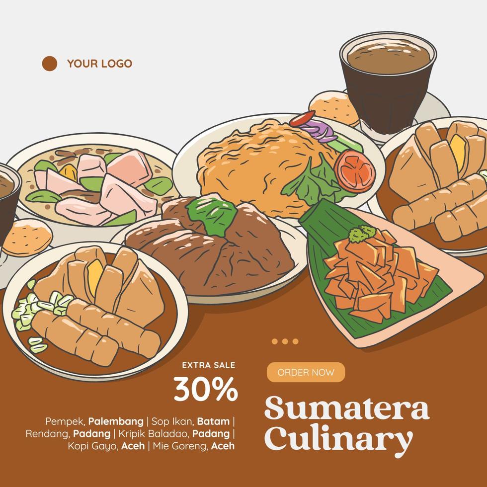 Sumatera cuisine hand drawn illustration vector. Indonesian food set collection for social media post template vector