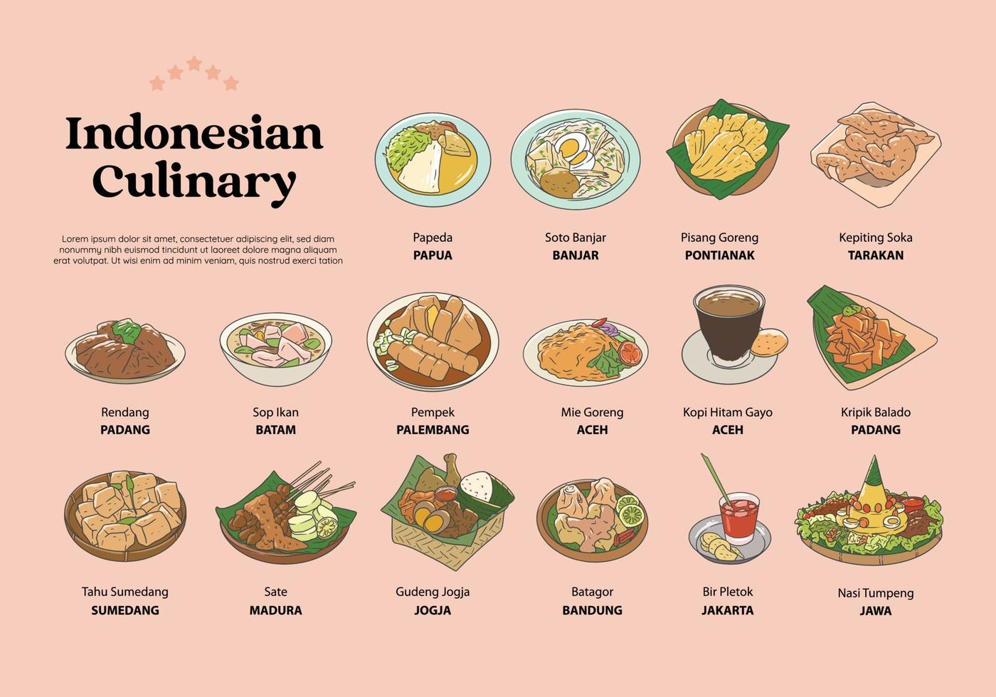 Isolated indonesian cuisine hand drawn illustration vector. Indonesian food set collection for background vector