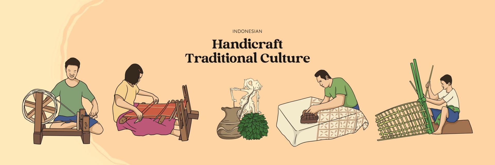 Isolated Hand drawn Handicraft traditional culture. Weaver, Bamboo and Batik craftsman vector